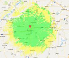 An Image showing the potential coverage of the W9DUA Machine which is about a 25-30 mile radius around the hospital